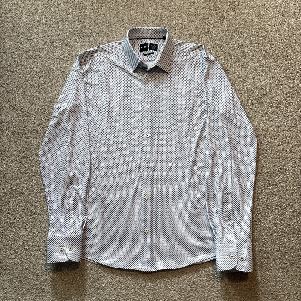 Hugo Boss Boss Performance Slim Fit Blue/White Geometric Button-Up Shirt Sz L